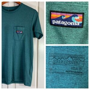 Patagonia Men's Short Sleeve Pocket Tee in Teal Green with Multicolor Logo